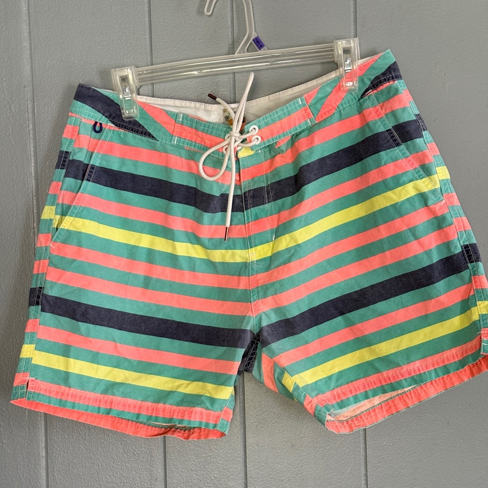 Scotch & Soda Striped Board Shorts Mens L Swim Surf Coral Mint Yellow Multicolor